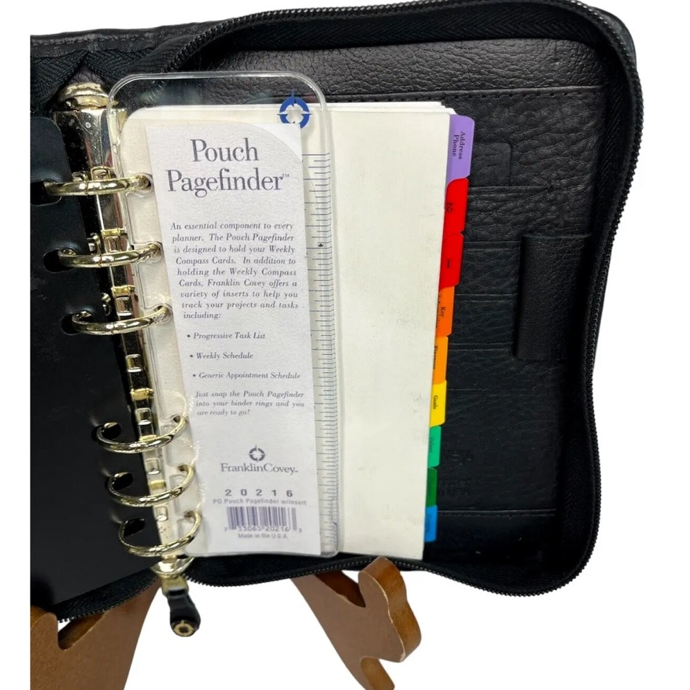 Franklin Covey Black Full Grain Nappa Leather USA Device Holder Zip Binder Tabs - Picture 8 of 15
